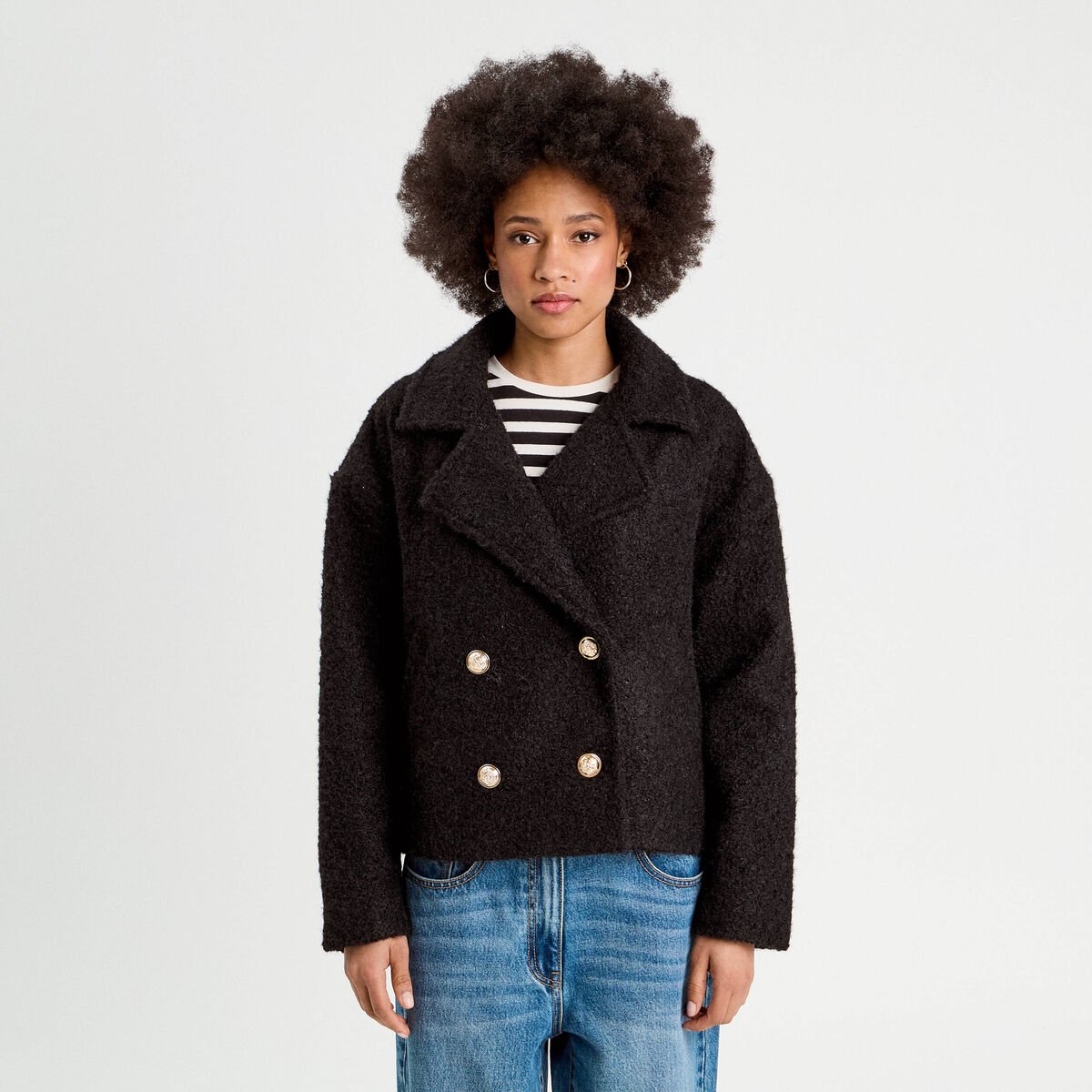 Caban court boutonné noir femme