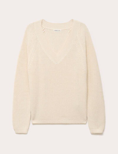 Pull col v manches longues ivoire femme