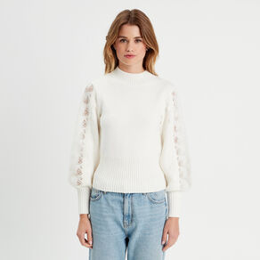 Pull manches longues dentelle ecru femme
