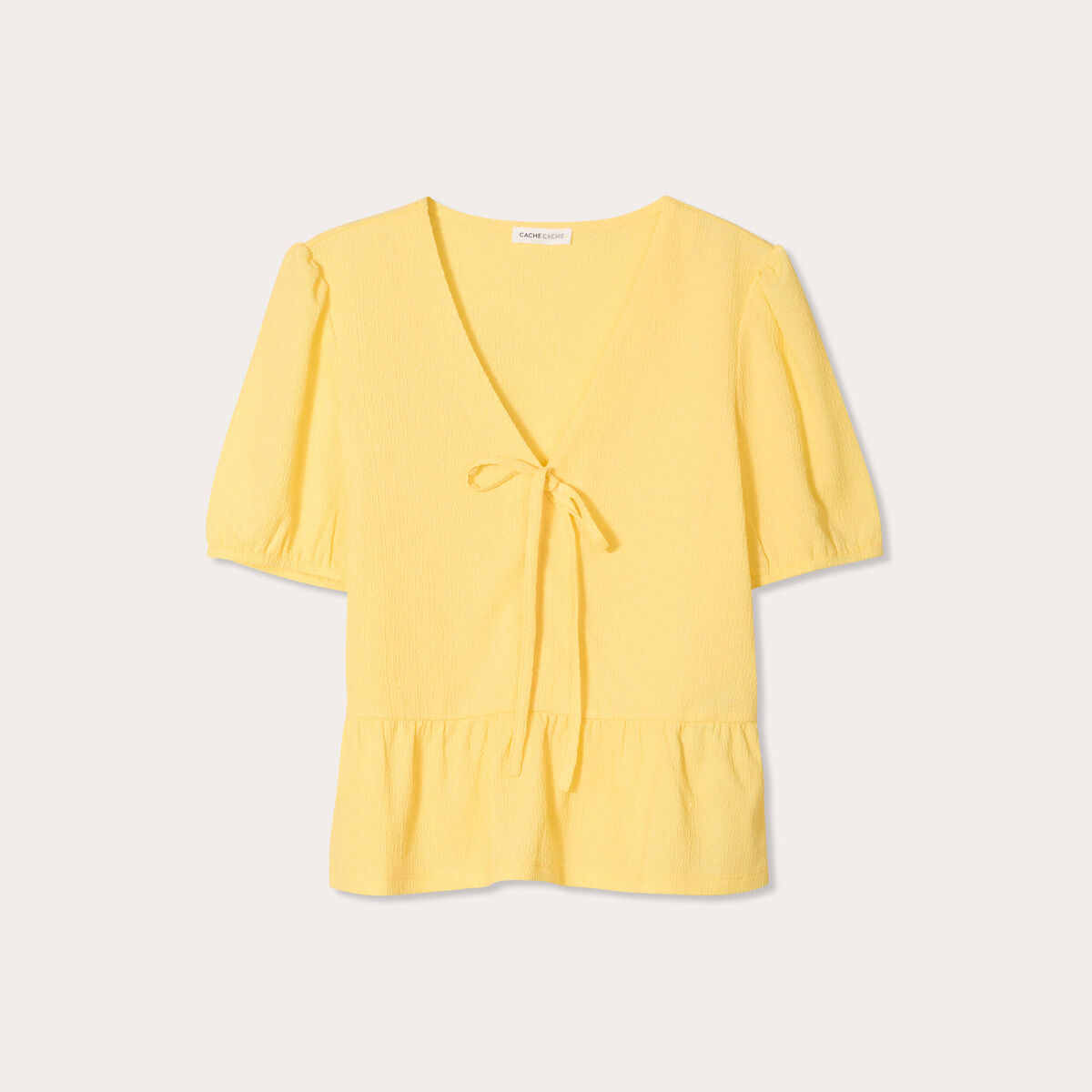 Blouse nouée brodée jaune clair femme