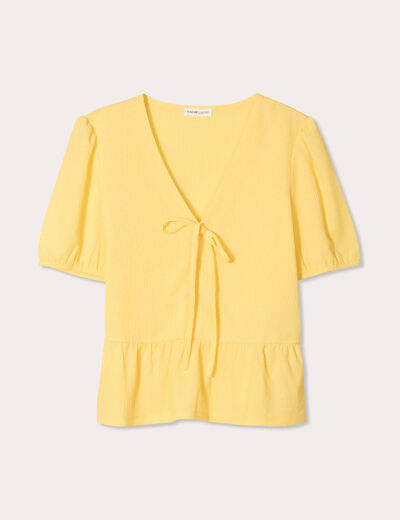 Blouse nouée brodée jaune clair femme