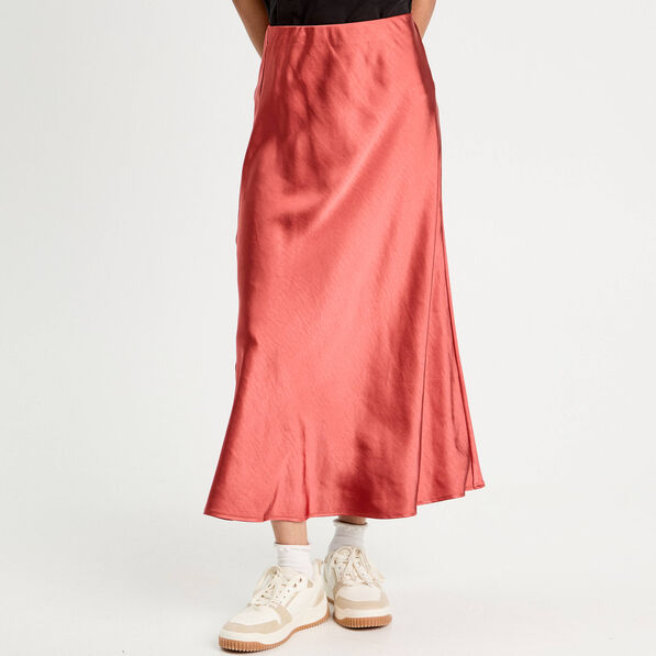 Jupe midi droite effet satin vieux rose femme