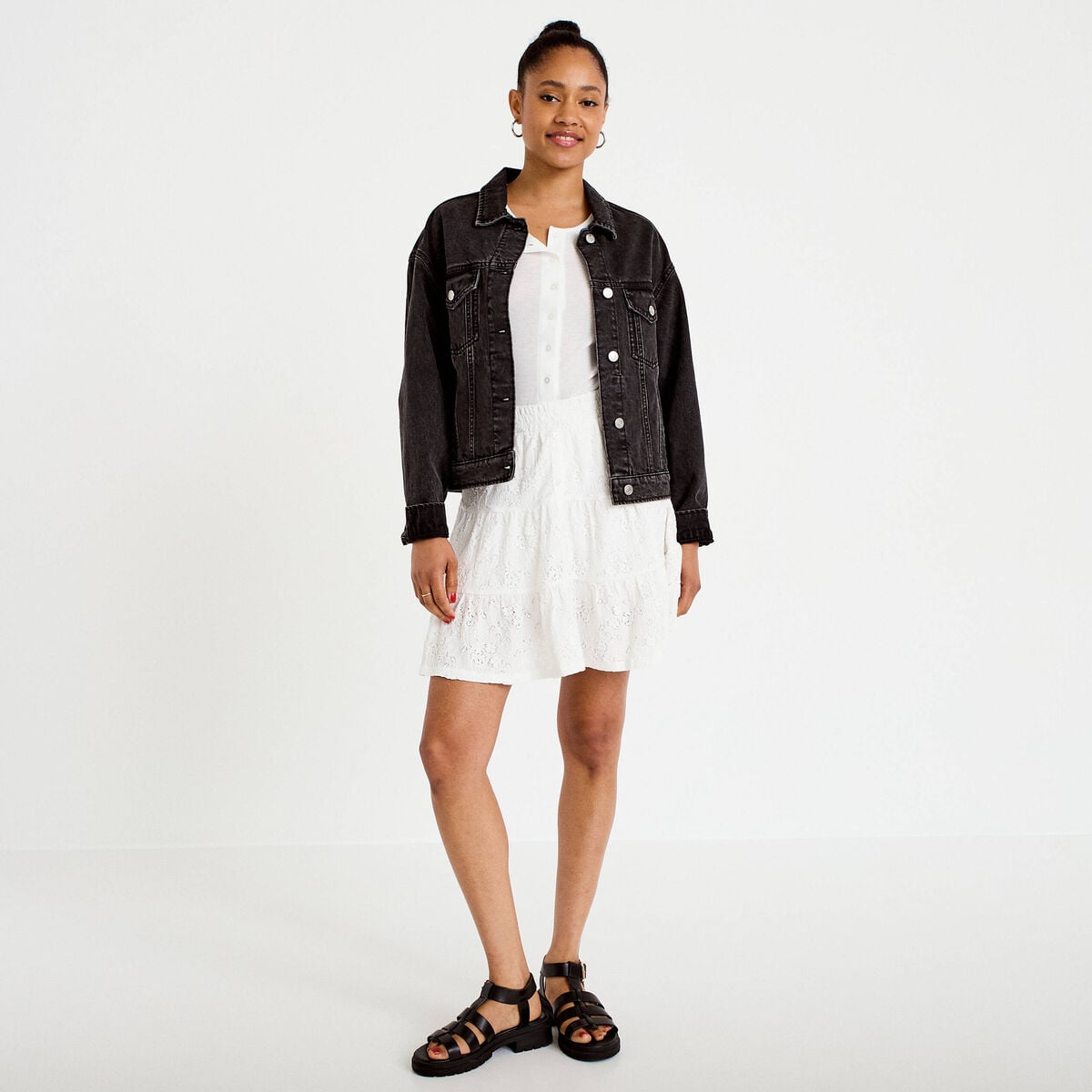 Gilet ajust&eacute; col rond manches longues ecru femme
