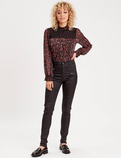Blouse col montant smocké noir femme