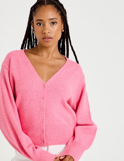 Gilet col v manches longues rose vif femme