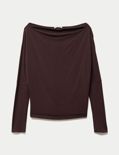 T-shirt col bateau manches longues marron fonc&eacute; femme