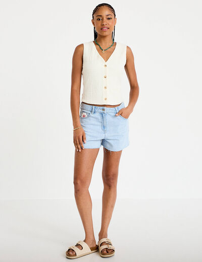 Gilet sans manches col v ecru femme
