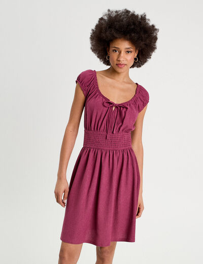 Robe évasée taille smockée prune femme