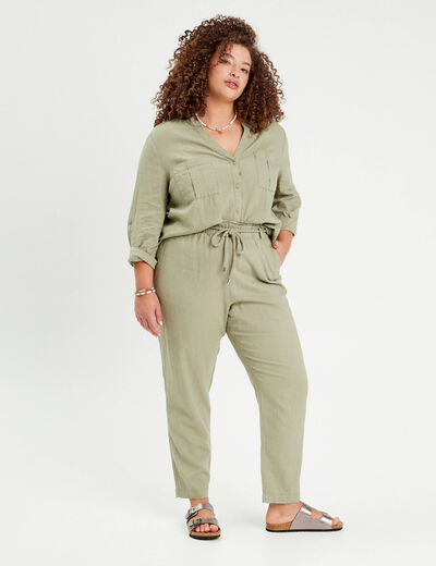 Pantalon droit fluide contenant du lin vert kaki femme