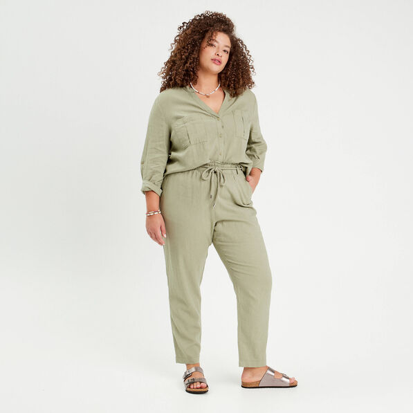 pantalon droit fluide contenant du lin vert kaki femme Pantalon droit fluide contenant du lin vert kaki femme