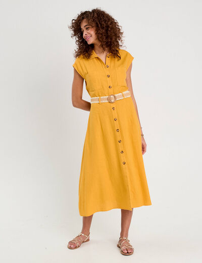 Robe chemise midi contenant du lin jaune citron femme