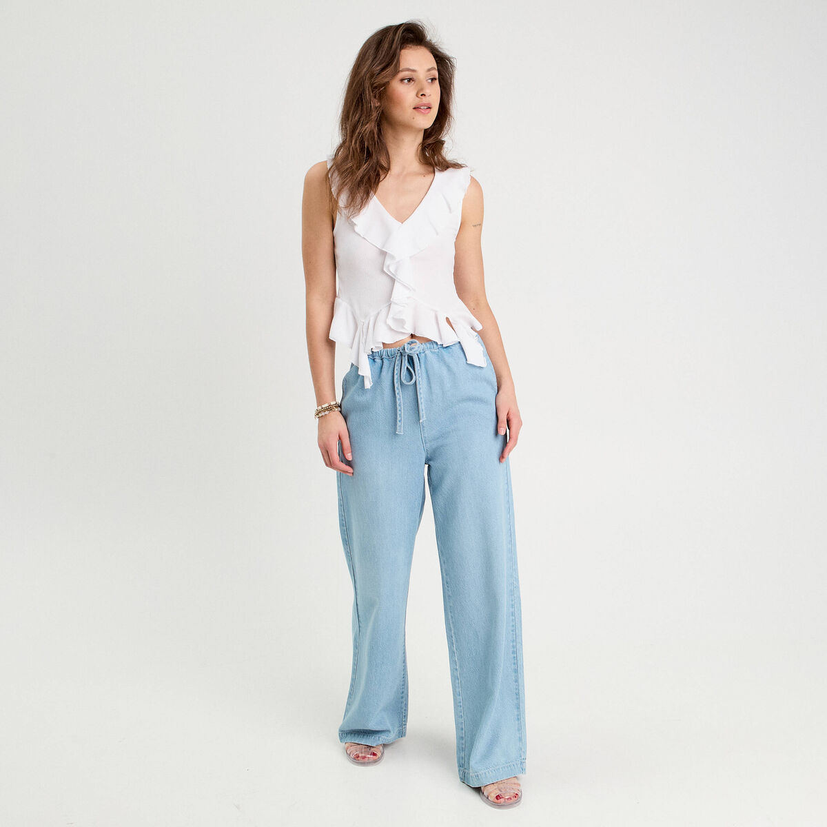 Top sans manches volants blanc femme