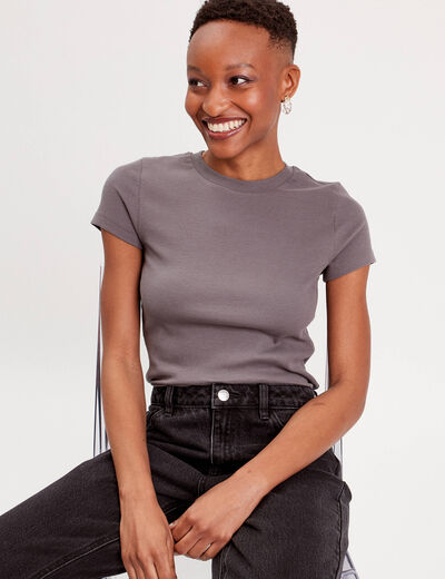 T-shirt manches courtes côtelé gris foncé femme