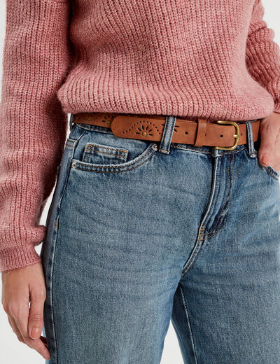 Ceinture perforée et cloutée camel femme