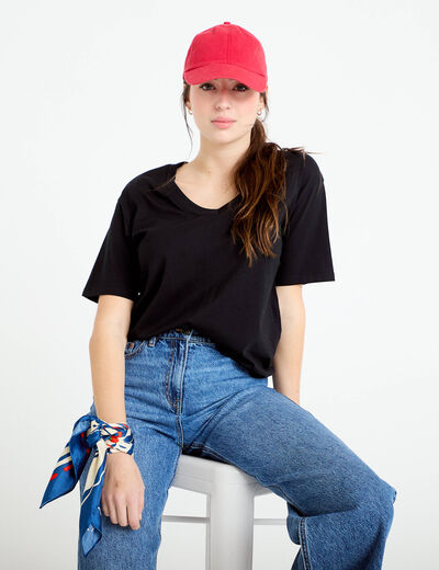 T-shirt col v manches courtes noir femme