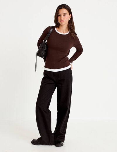 T-shirt 2-en-1 col rond manches longues marron fonc&eacute; femme