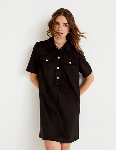 Robe droite 3/4 manches courtes daim noir femme