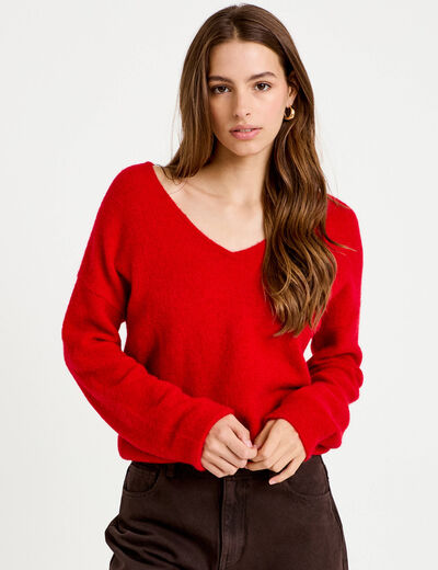 Pull avec col en V rouge femme
