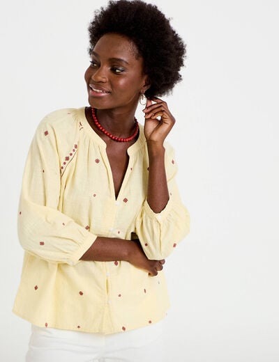 Blouse ample col tunisien manches 3/4 jaune pastel femme