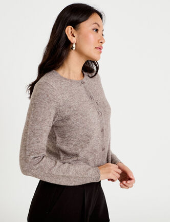 Gilet boutonn&eacute; manches longues taupe femme