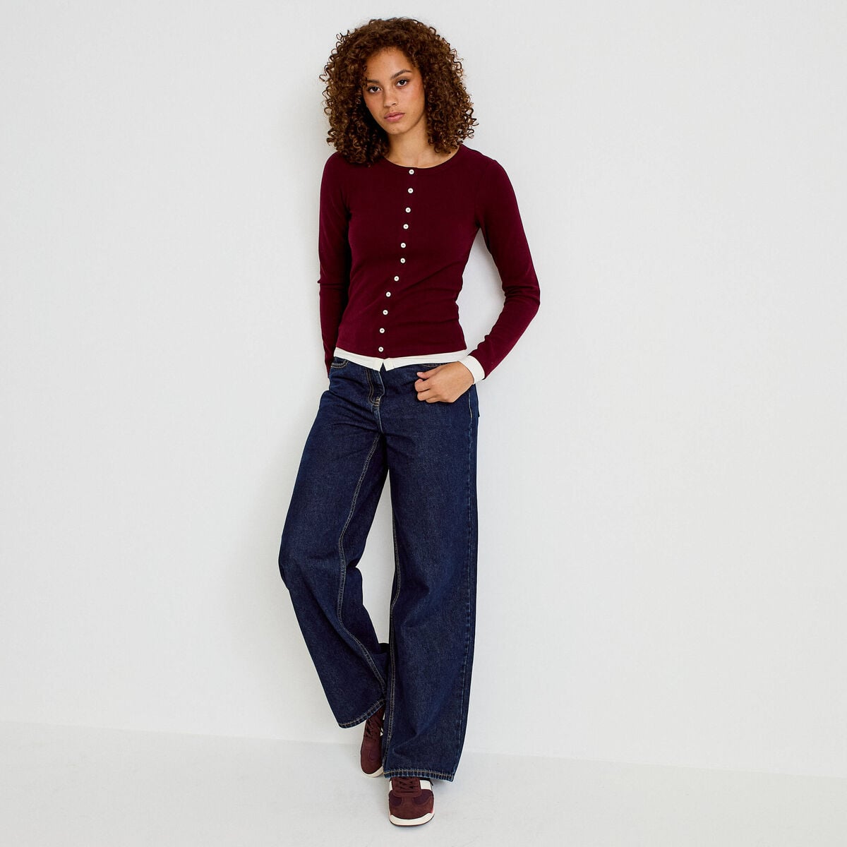Top col rond manches longues bordeaux femme