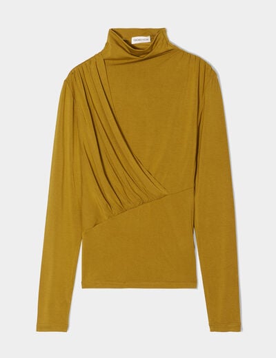 T-shirt drapé col montant jaune foncé femme