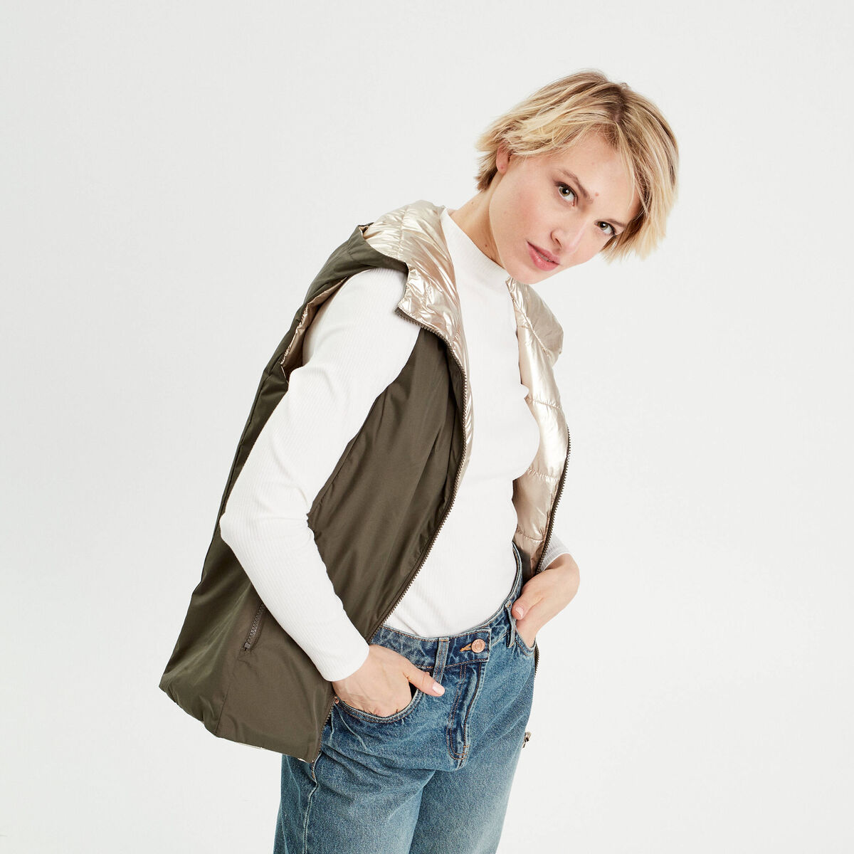Doudoune réversible vert kaki femme