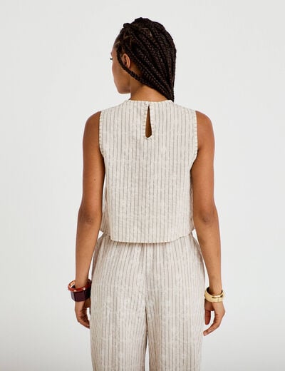 Top droit sans manches pliss&eacute; col rond creme femme