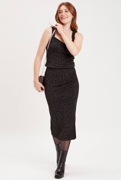 Jupe tricotée midi moulante noir femme