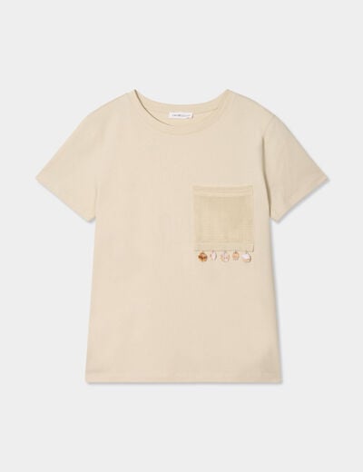 T-shirt poche détails bijoux beige femme