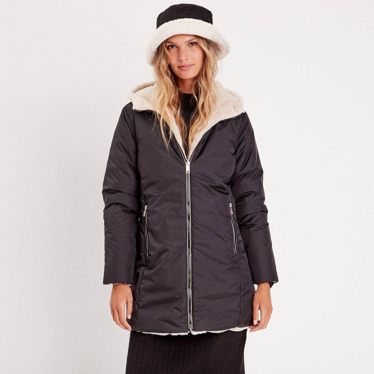 Parka réversible à capuche noir femme