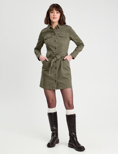 Robe chemise droite ceinturée vert kaki femme