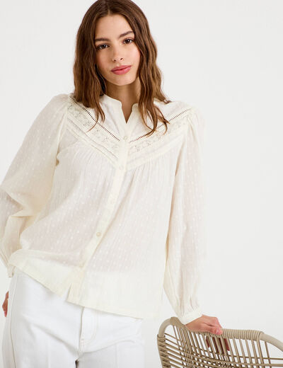 Blouse droite col rond manches longues ecru femme