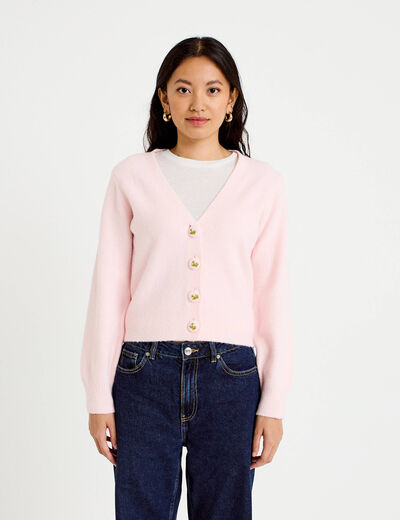 Gilet col v broderie manches longues rose clair femme