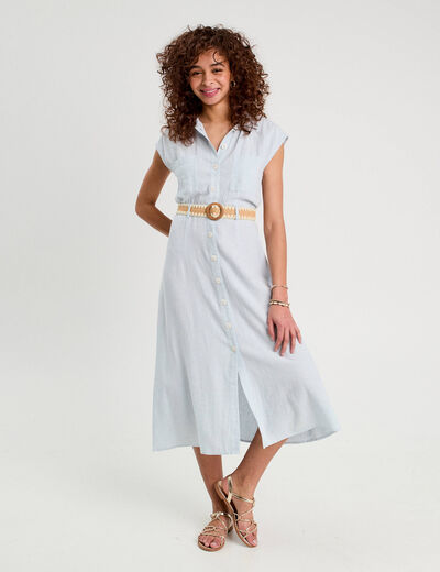 Robe chemise midi contenant du lin bleu femme
