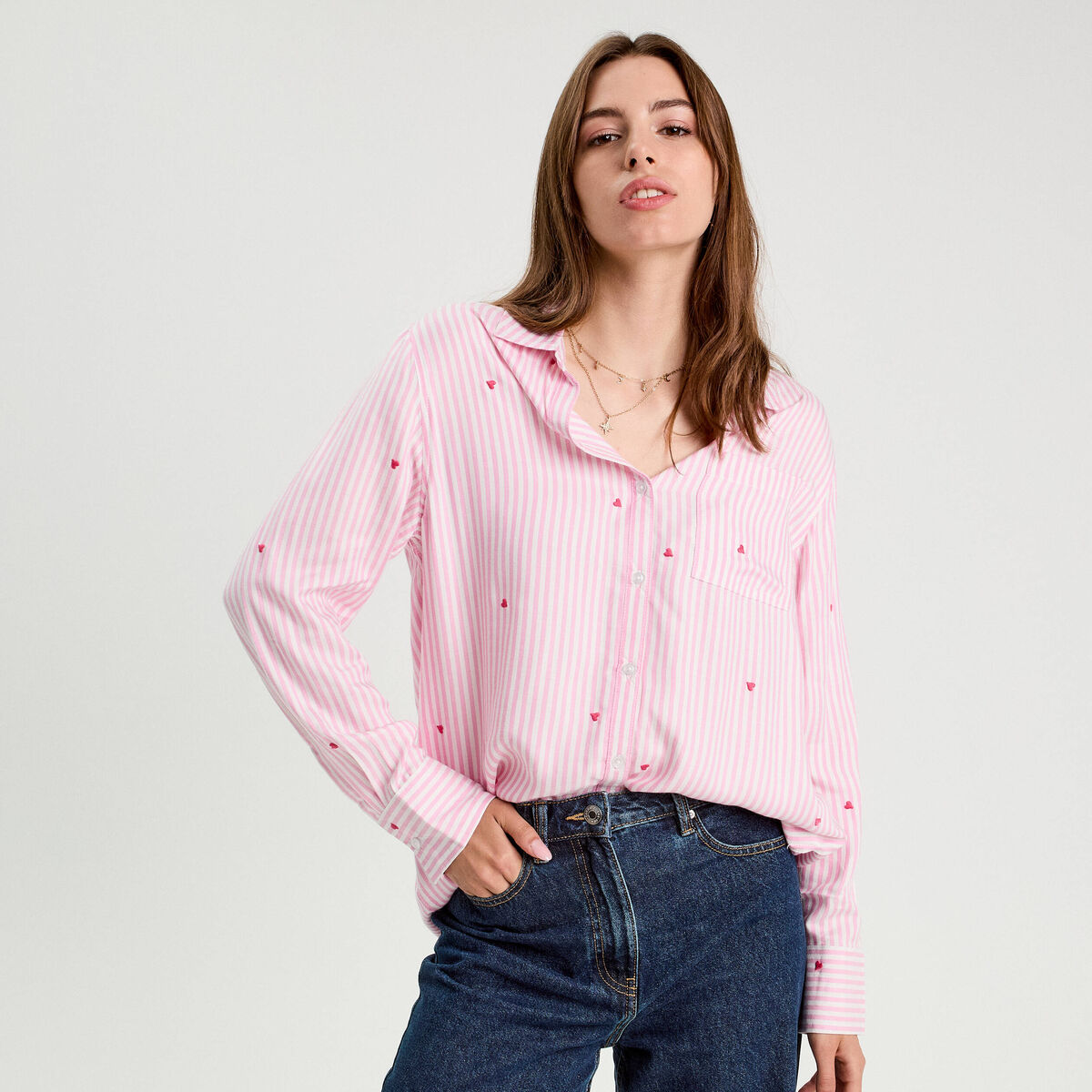 Chemise manches longues rose femme