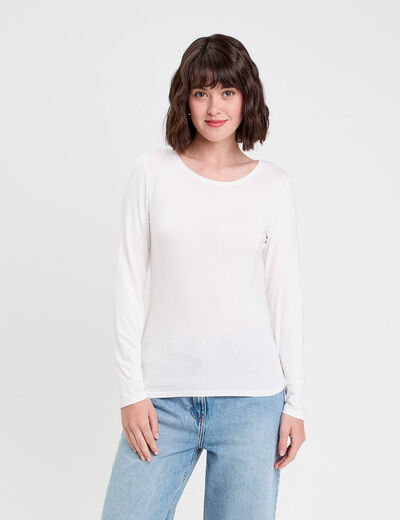 T-shirt uni à manches longues ecru femme
