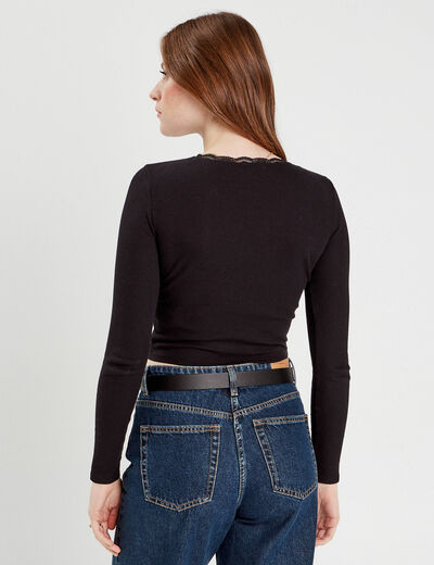 T-shirt cropped côtelé noir femme