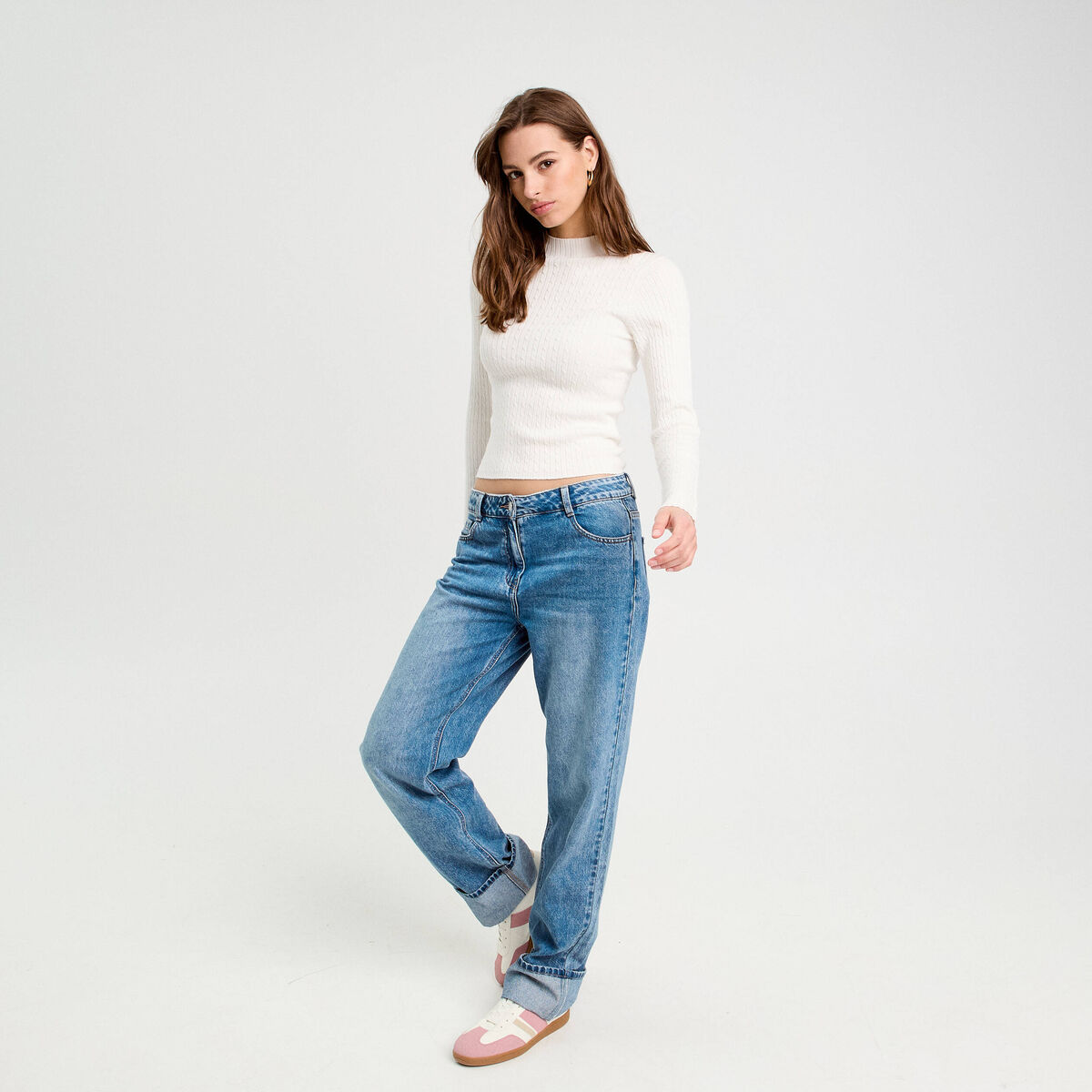Pull col montant torsades ecru femme