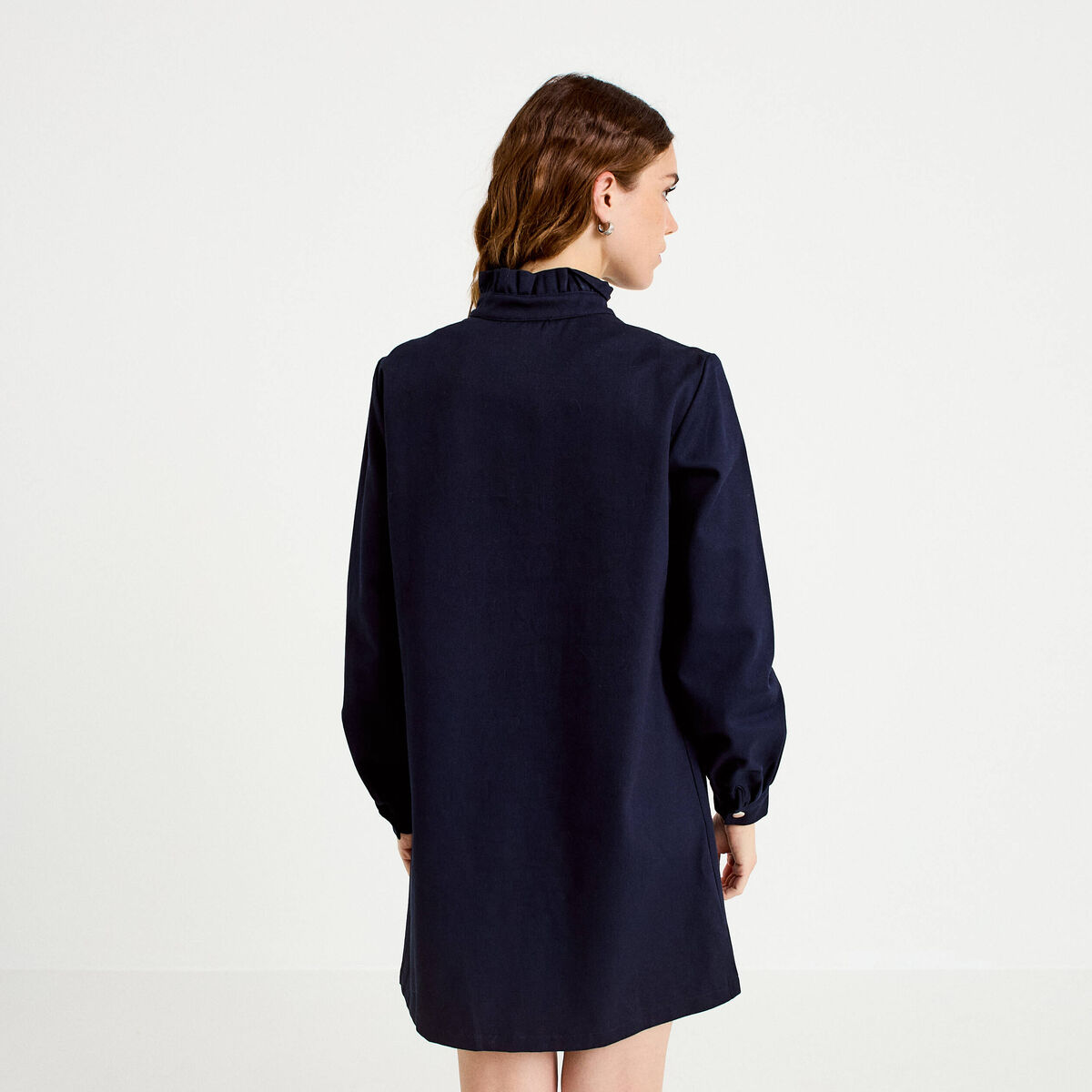 Robe droite col chemise manches longues bleu marine femme