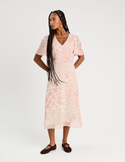Robe midi évasée col en V rose pastel femme
