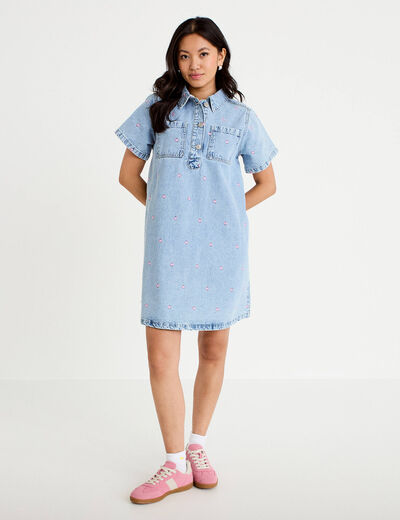 Robe en jean brod&eacute;e bleu fonc&eacute; femme