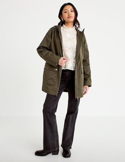 Parka &agrave; capuche taille ajustable vert kaki femme