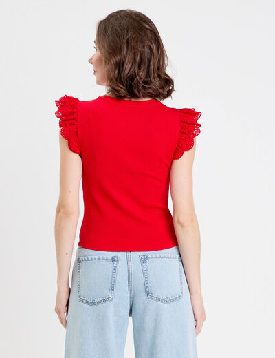 Débardeur volants brodés rouge femme