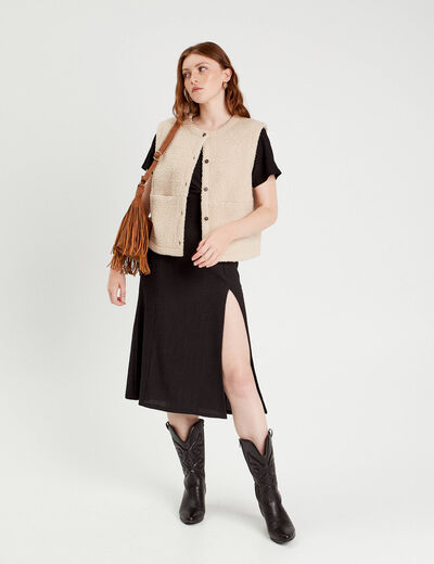 Robe midi ajustée col rond noir femme