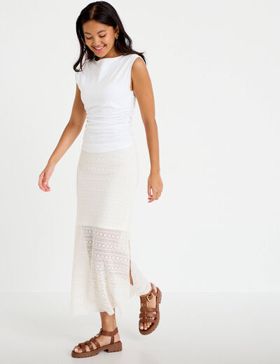 Jupe longue droite en dentelle ecru femme