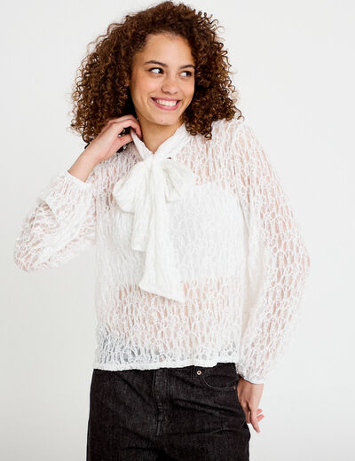 Blouse droite col montant dentelle ecru femme