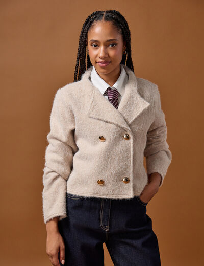 Veste droite cropped effet polaire ivoire femme