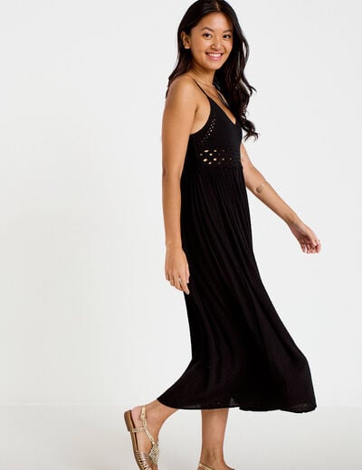 Robe longue bi-mati&egrave;re col v noir femme