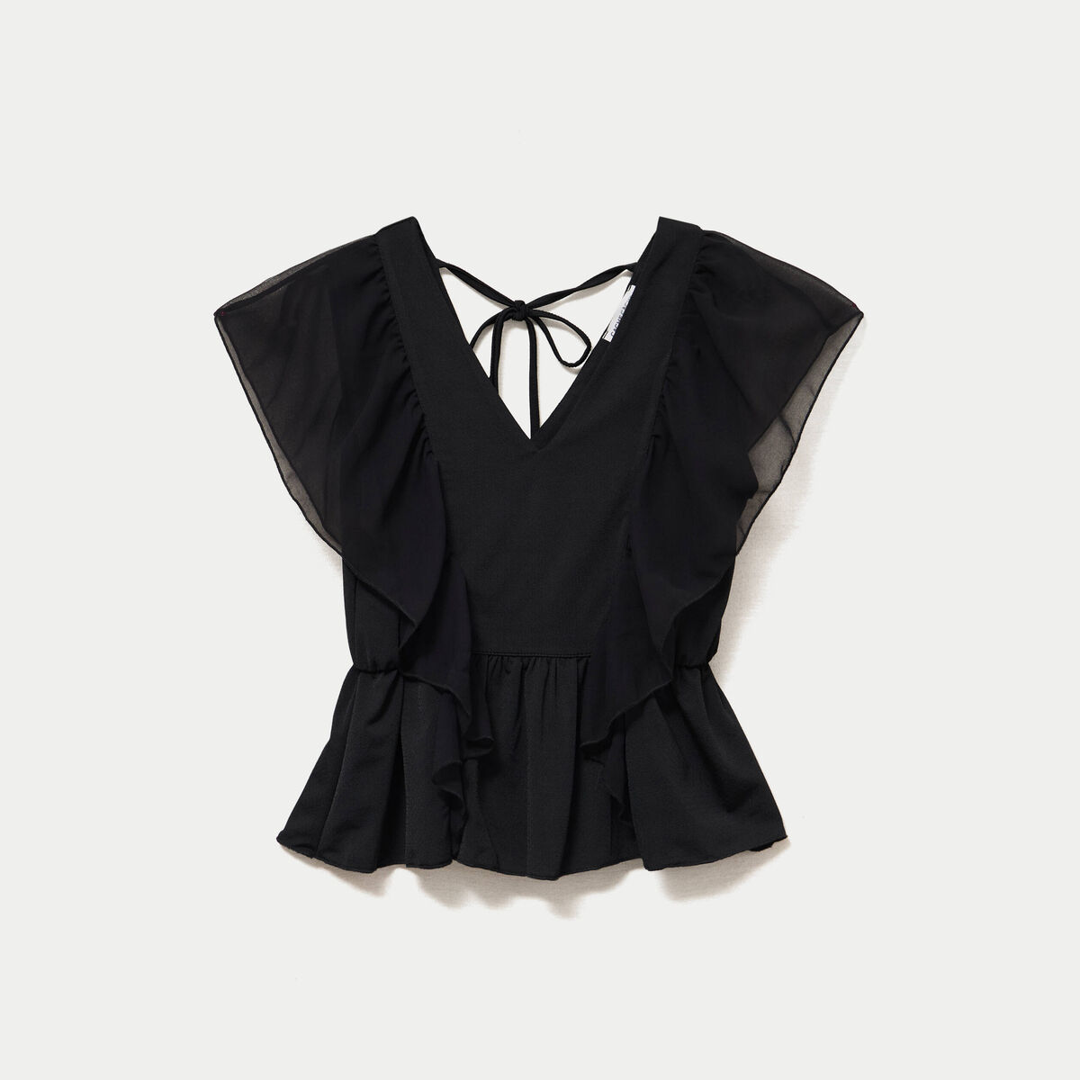 Blouse d&eacute;collet&eacute; voile manches courtes noir femme